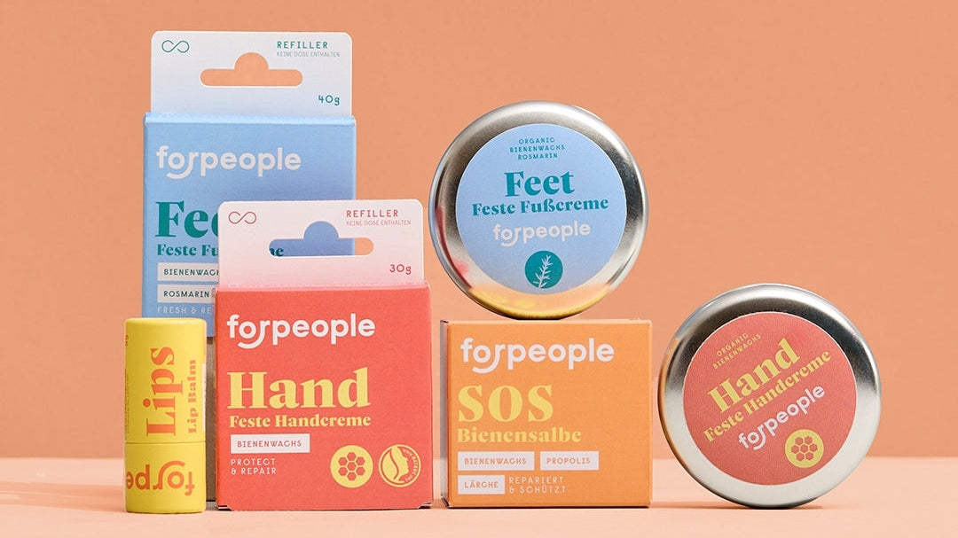 Feste Handcreme, feste Fußcreme, Lippenpflege und Bienensalbe von forpeople