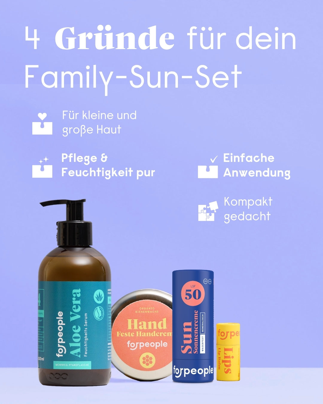 Familien-Sonnenpflege Set – LSF50, After-Sun & Lippenpflege
