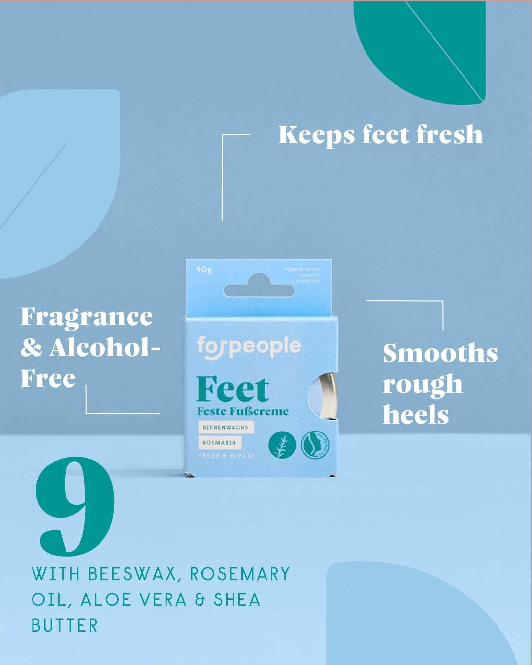 Solid foot cream with rosemary & sage – neutralises odour, free from fragrance and alcohol, repairs and protects