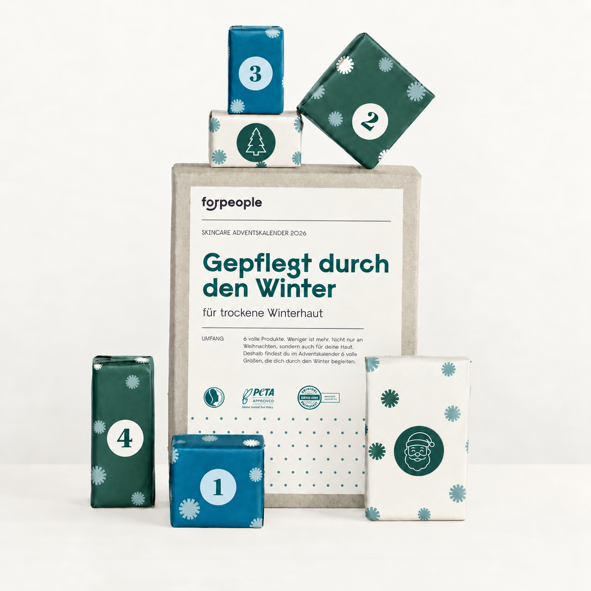 forpeople Skincare Adventskalender 2026 – Kalenderbox mit 6 nummerierten Päckchen