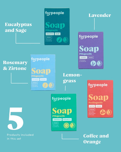 forpeople aloe vera soap set – 5 products included in this set: eucalyptus and sage, lavender, rosemary and lemon, lemongrass, coffee and orange