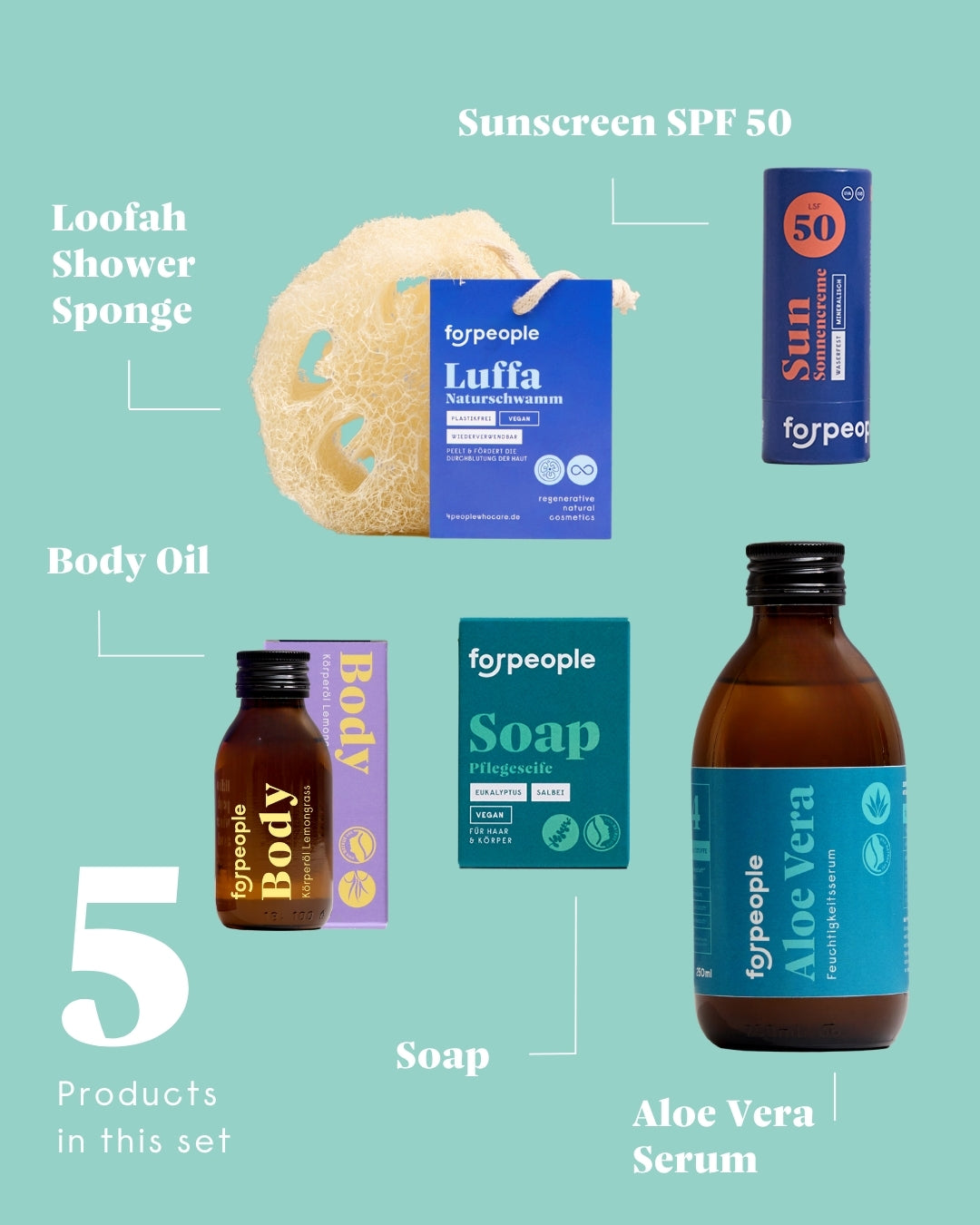 forpeople Good Morning gift box – 5 products in this set: loofah shower sponge, sunscreen SPF 50, body oil, soap, aloe vera serum