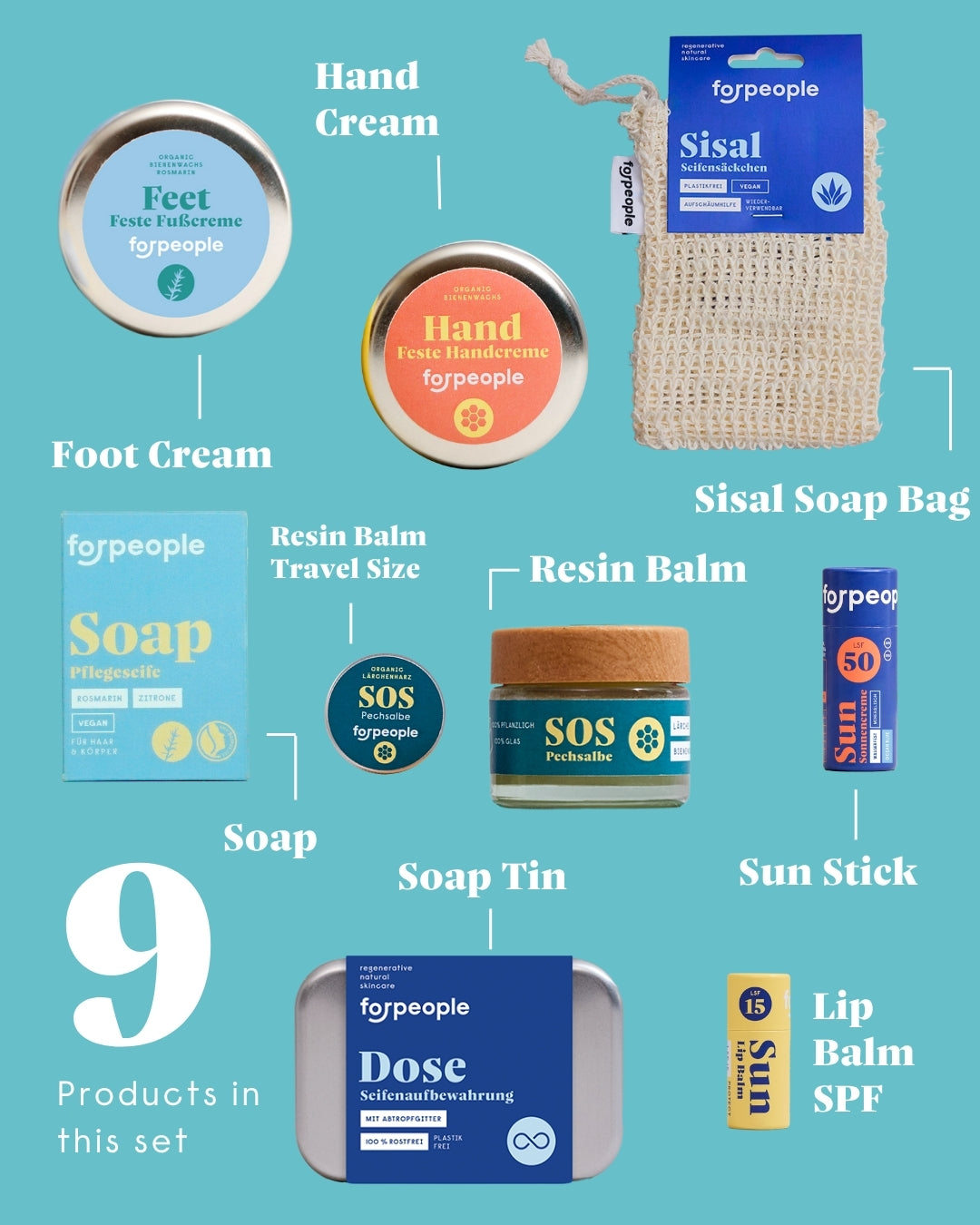forpeople outdoor set – 9 products in this set: foot cream, hand cream, sisal soap bag, soap, resin balm, soap tin, sun stick, lip balm SPF