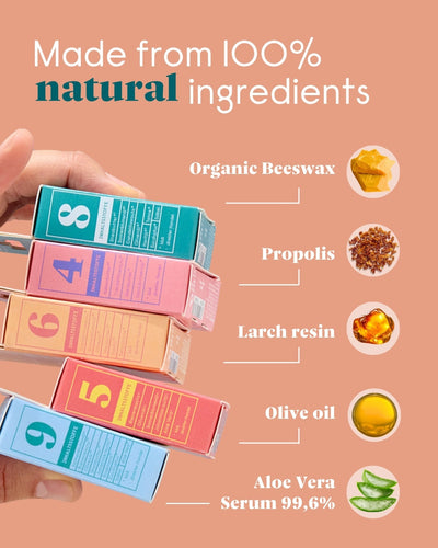 Made from 100% natural raw ingredients – organic beeswax, propolis, larch resin, olive oil and aloe vera