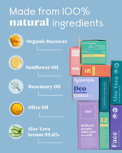 Made from 100% natural raw ingredients – organic beeswax, sunflower oil, St John's wort, olive oil and aloe vera serum