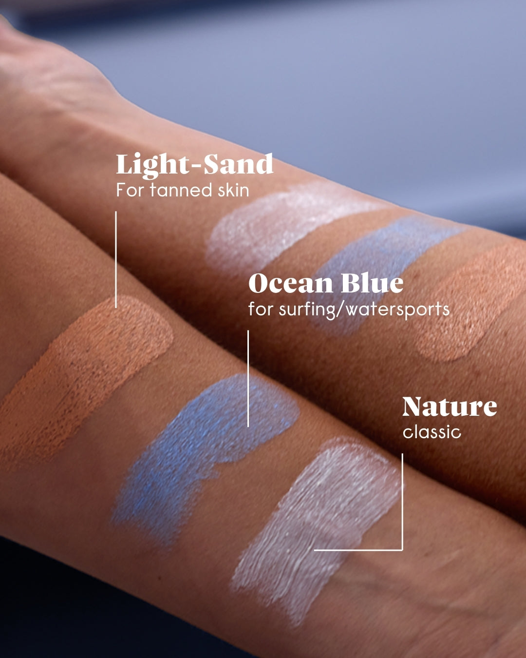 forpeople sunscreen shades – Light Sand, Ocean Blue and Nature on skin