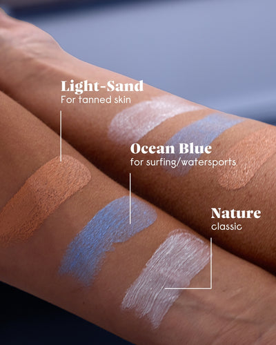 forpeople sunscreen shades – Light Sand, Ocean Blue and Nature on skin